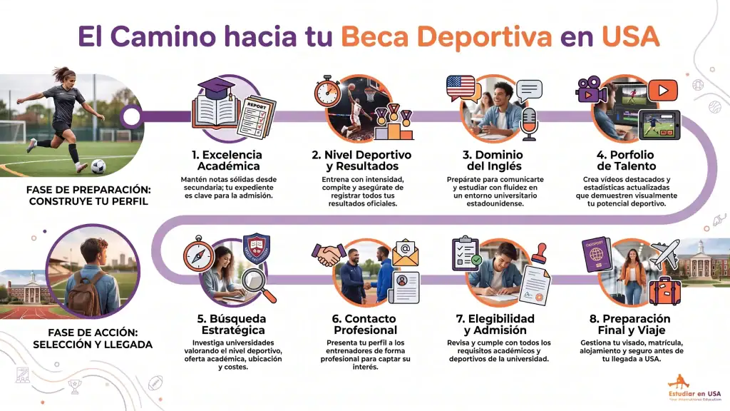 infografia de los pasos para conseguir becas deportivas en USA